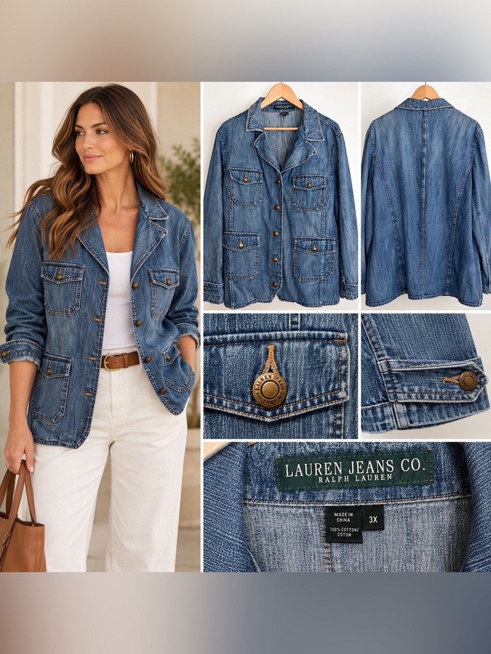 Lauren Ralph Lauren Denim Utility Safari Jacket 3X 100% Cotton